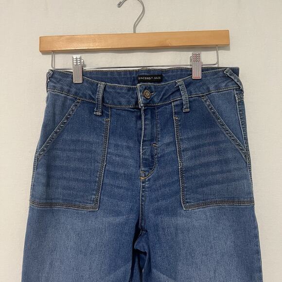 Sincerely Jules High Rise Flare Women 7/28 Raw Hem Retro Patch Pockets Stretch - Picture 2 of 11